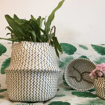 

New 1PC Straw Foldable Hanging Rattan Flower Basket Handmade Wicker Plant Pot Planter Modern Flower Pot Home Decoration Dropship
