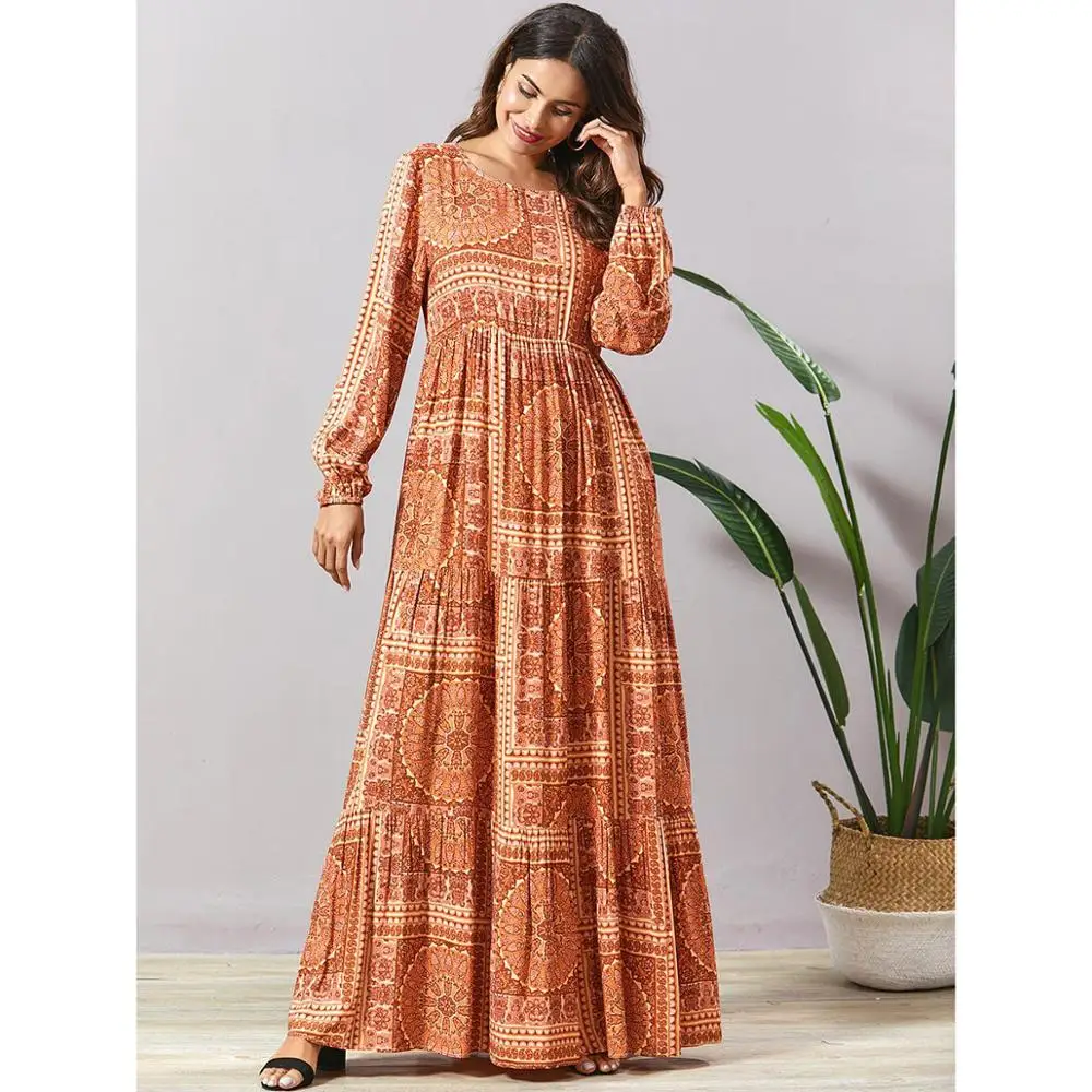 autumn printed long sleeve maxi dress elastic waist plus size swing abaya women ramadan kaftan Dubai Robe islamic judaic gown |