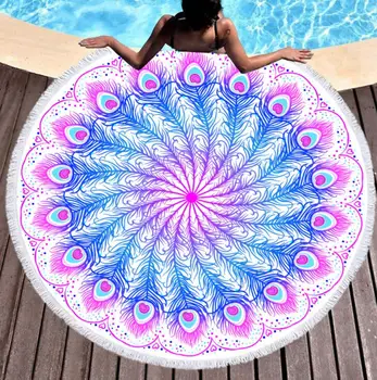 

Round Beach Towel with Tassel Peacock feather Microfiber Towel Travel Picnic Blanket Yoga Mat Tapestry style-3