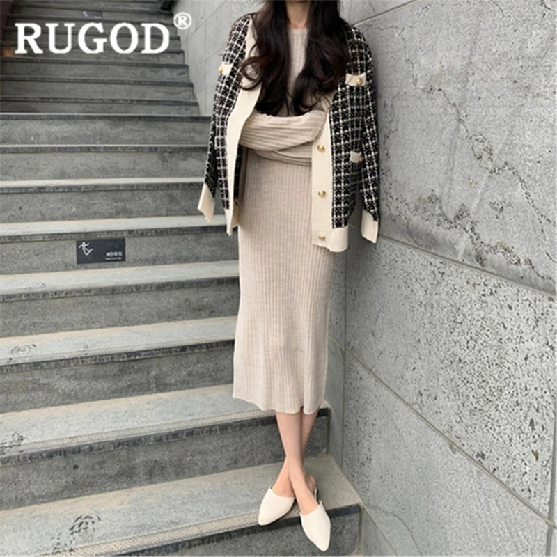 RUGOD/женское клетчатое пальто Новинка года; зимний теплый модный женский кардиган; Повседневная плотная вязаная верхняя одежда с v-образным вырезом; корейские дамские свитера ins