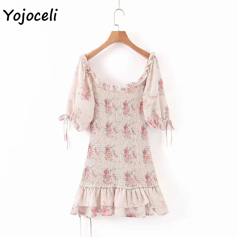 Yojoceli boho Цветочный Принт гофрированное платье для женщин с квадратным вырезом мини-платье с оборками Женское vestidos