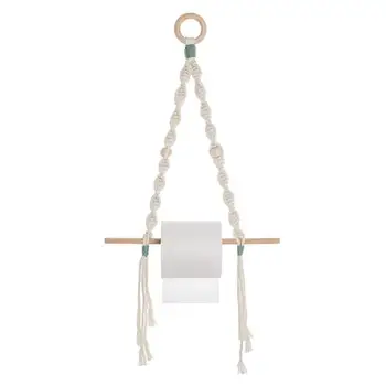 

Macrame Toilet Paper Holder Wall Hanging Toilet Paper Holder Hand-Woven Wooden Stick Rack Cotton Rope Bathroom Accessories