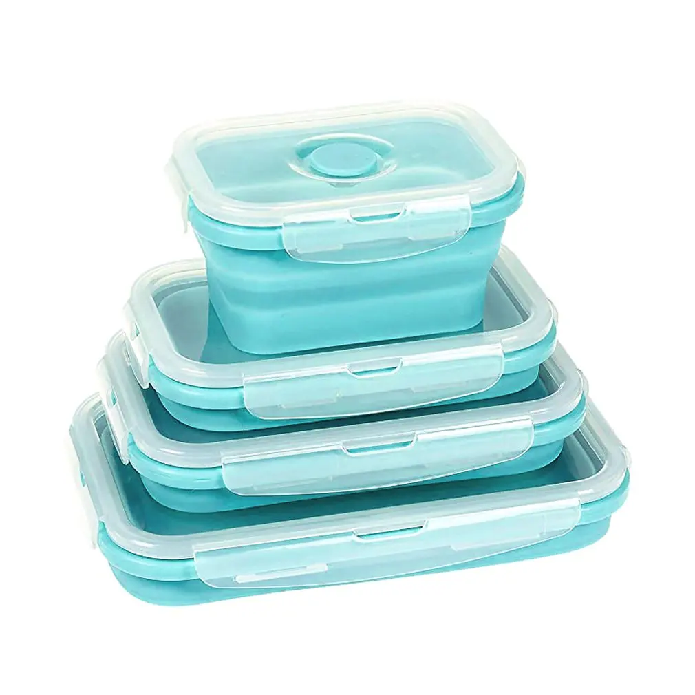 

Fda 3/4 Pcs Portable Folding Lunch Box Square Silicone Lunch Box Microwave Lunch Box Plastic Refrigerator High Temperature