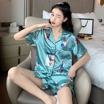 

Two Piece Set Night Gowns Costume Sets Women's Homewear Summer Silky Pajama Robe Sets Lovely Cartoon Printing Sleepwear
