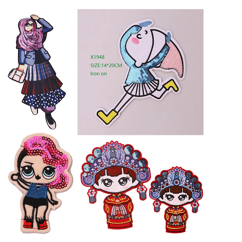 

1 Pcs Cute girl sequin icon Embroidered Iron on Patches for Clothing DIY Stripes Clothes Patchwork Stickers Custom Badges