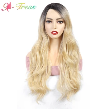 

X-TRESS Trendy 24 Inches Lace Part Synthetic Wig for White Women Long Heat Resistant Fake Hair Ombre Yellow Natural Wave