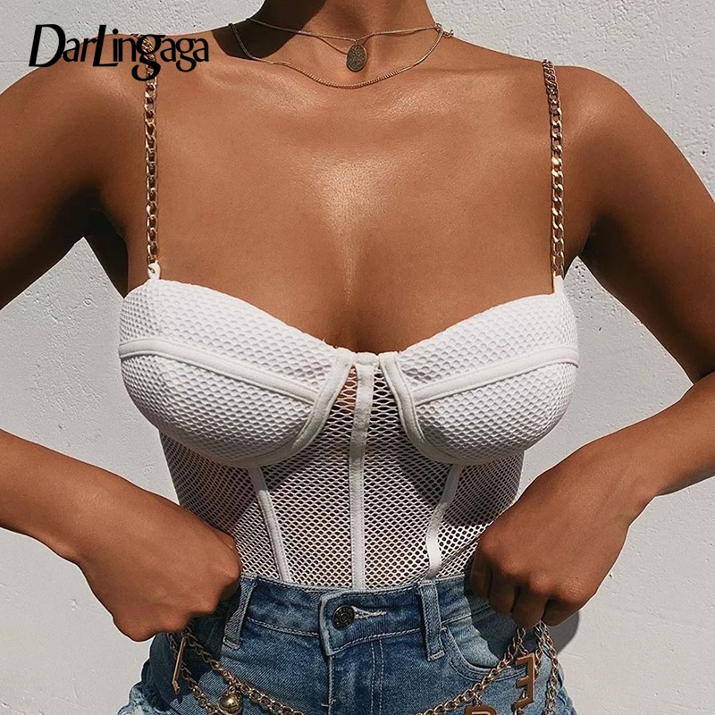 

Darlingaga Metal Chain Stral Fishnet Mesh Bodysuit Sexy Fashion See Through Body Woman Backless Hot Sale Bodysuits Jumpsuit 2020
