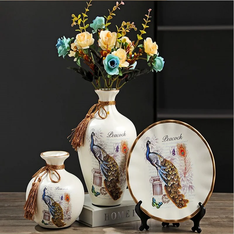 3Pcs）European Ceramic Vase Dried Flowers Flower Arrangement Wobble Plate Living Room Entrance Ornaments Home Decorations 3