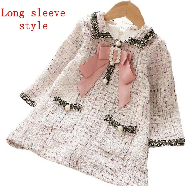 Beige long sleeve Новинка; Лидер продаж; зимнее шерстяное платье для девочек; детское элегантное платье принцессы с бантом и жемчужными пуговицами для девочек; осенняя одежда с карманами для маленьких девочек - Цвет: Beige long sleeve