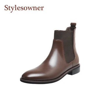 

Chelsea Short Boots Women 2020 Autumn/Winter New Round Toe All-Match Leather Slip-On Flat Brown Leather Ankle Thin Martin Boots