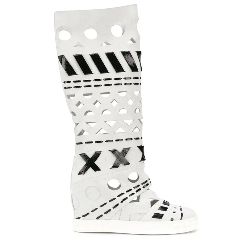 Black White Suede Cross Braided Patchwork Boots Woman 8cm Inner Increased Wedge Heel Knee Boots Geometric Cutout Roman Botas