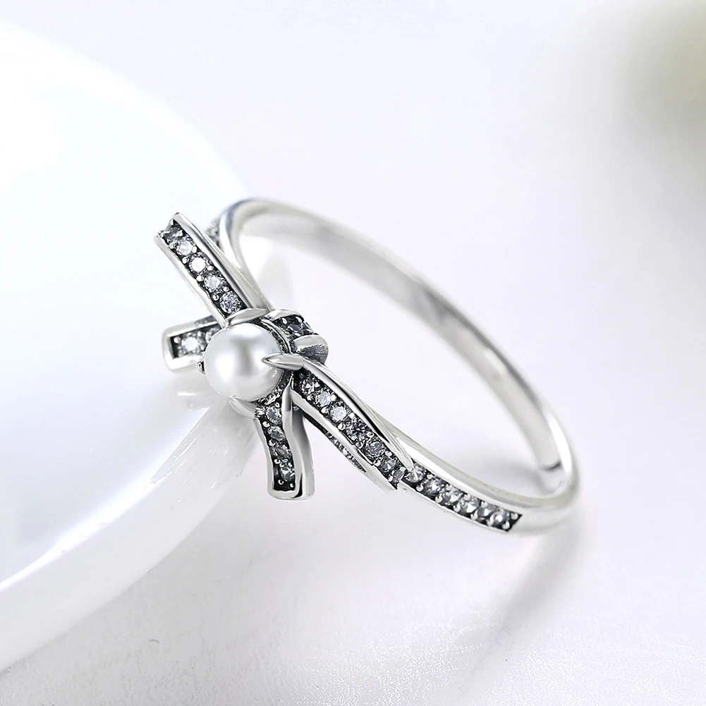 SILVERHOO Real 925 Sterling Silver Vintage Bowknot Rings Women 5A Cubic Zirconia With Elegant Imitation Pearl Ring Fine Jewelry