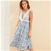 SHEIN Blue Damask печати ресниц Цветочные кружевное нижнее белье для женщин сплит подол Осень Глубокий v-образный вырез сексуальное ночное белье Ночная рубашка