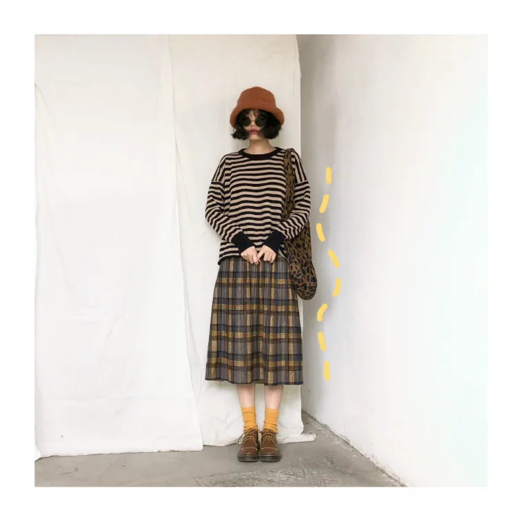 Vintage New Women Thick Warm Autumn Winter Harajuku Plaid Retro Skirt Female Cute Japanese Girls Kawaii Skirts Calf-length