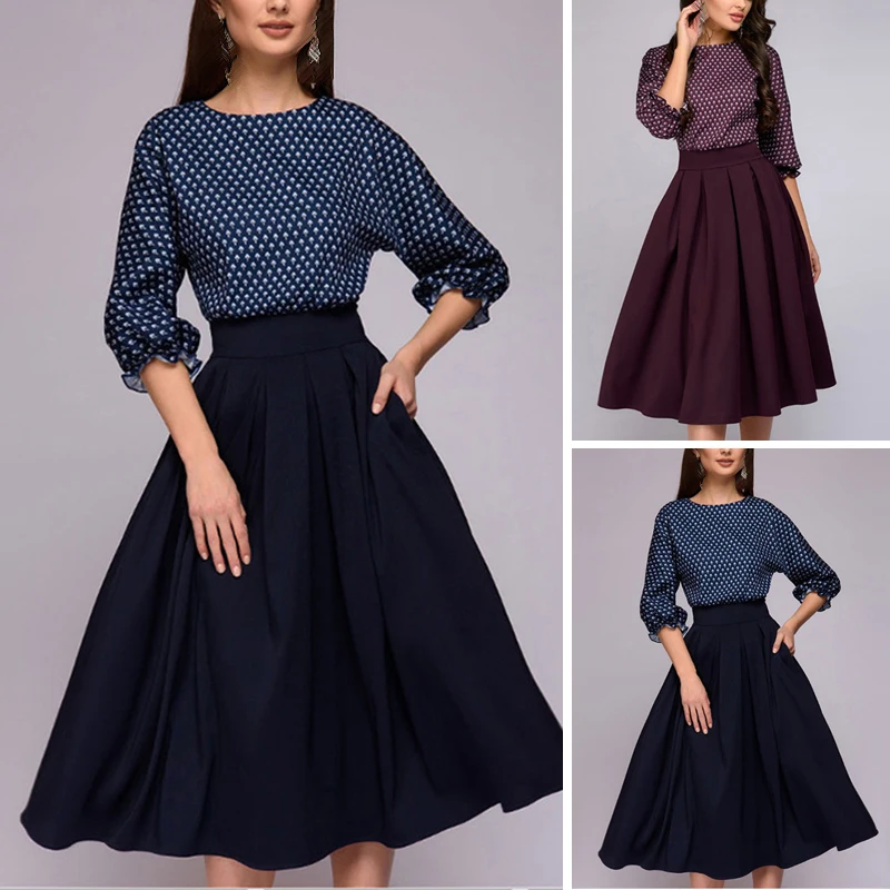 Women vintage dress Casual office a line Dress Round Neck 3/4 Sleeve Polka Dots Printed elegant ladies dresses party