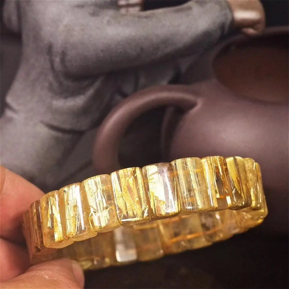 

14x7mm Natural Gold Rutilated Quartz Bangle Bracelet For Women Lady Men Crystal Rectangle Beads Wealthy Gemstone Jewelry AAAAA