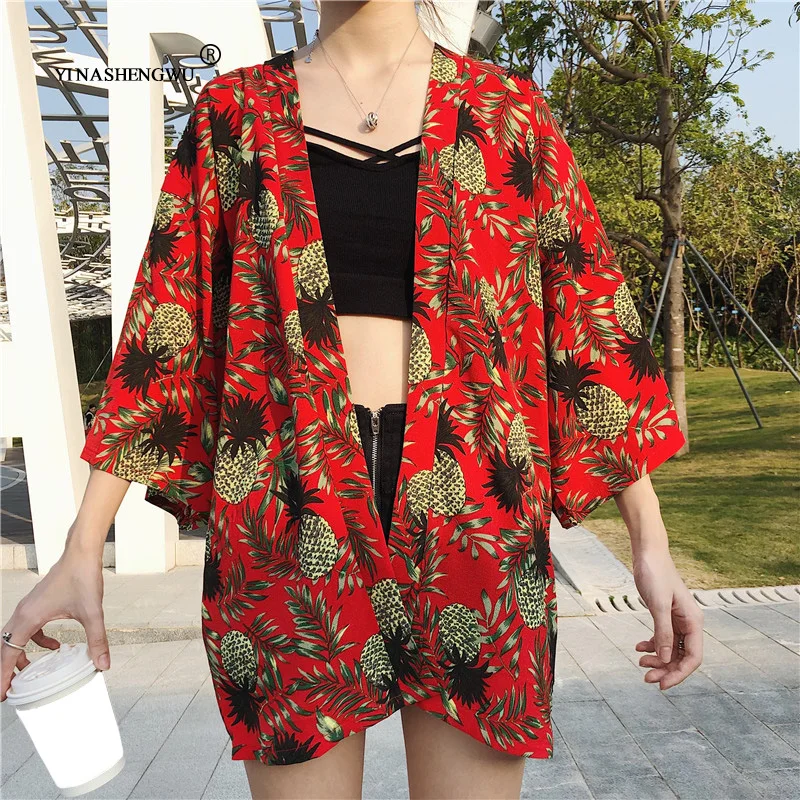 Японская юката кимоно Летний пляж, отпуск уличные свободные летняя блуза новые граффити кимоно путешествия тонкое пальто кимоно Femme