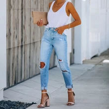 Jean déchiré élastique taille haute pour femme, streetwear, slim, mode coréenne, automne 2021