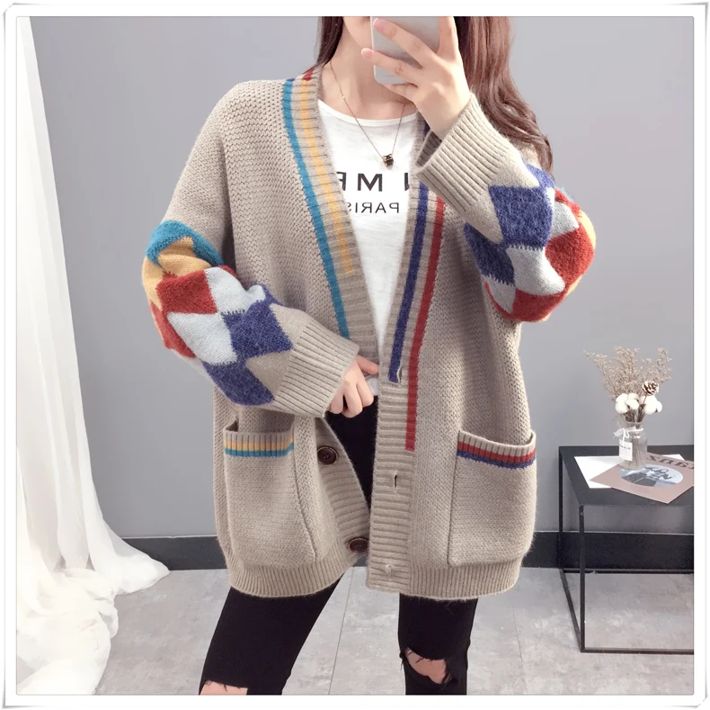 Neploe Woman Sweater Cardigan Hit Color Printing Knitting Coat Long Sleeve V-neck Jacket Korean Causal Loose Cardigans 55404