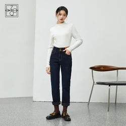 Ziqiao inverno feminino novo azul escuro denim jeans all match commuter feminino de cintura alta em linha reta perna mais calça jeans de caxemira algodão