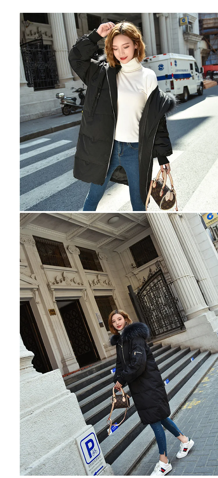 New Style Korean-style Mid-length down Jacket Women's Luxury Raccoon Fur Collar Hooded Thick Plus-sized Coat