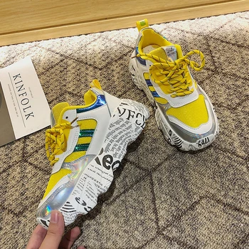 

2020 Spring Women's Fashion Sneakers Platform Tennis Female Lace Up INS Yellow Dad Casual Shoes Comfor Woman Chunky Sneakers