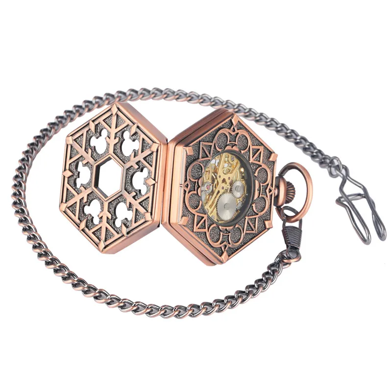Bronze Red Copper Hexagone Shape Unisex Handwinding Mechanical Pocket Watch Skeleton Clock with Pendant Chain Roman Number Dial