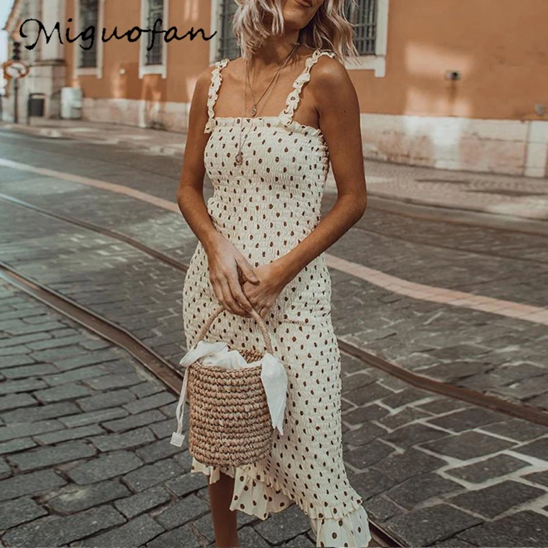 

Miguofan Spaghetti Strap Dress Women Polka Dot Print Ruffles Dresses Bodycon Elegant Women's Summer Dress Female 2019 Fashion