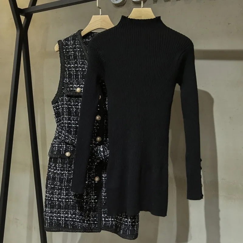 

Autumn Fashion Women Turtleneck Long Knit Sweater Tweed Sleeveless Dress Two Piece Set Lady Sashes Plaid Twill Outfits Suit Sets