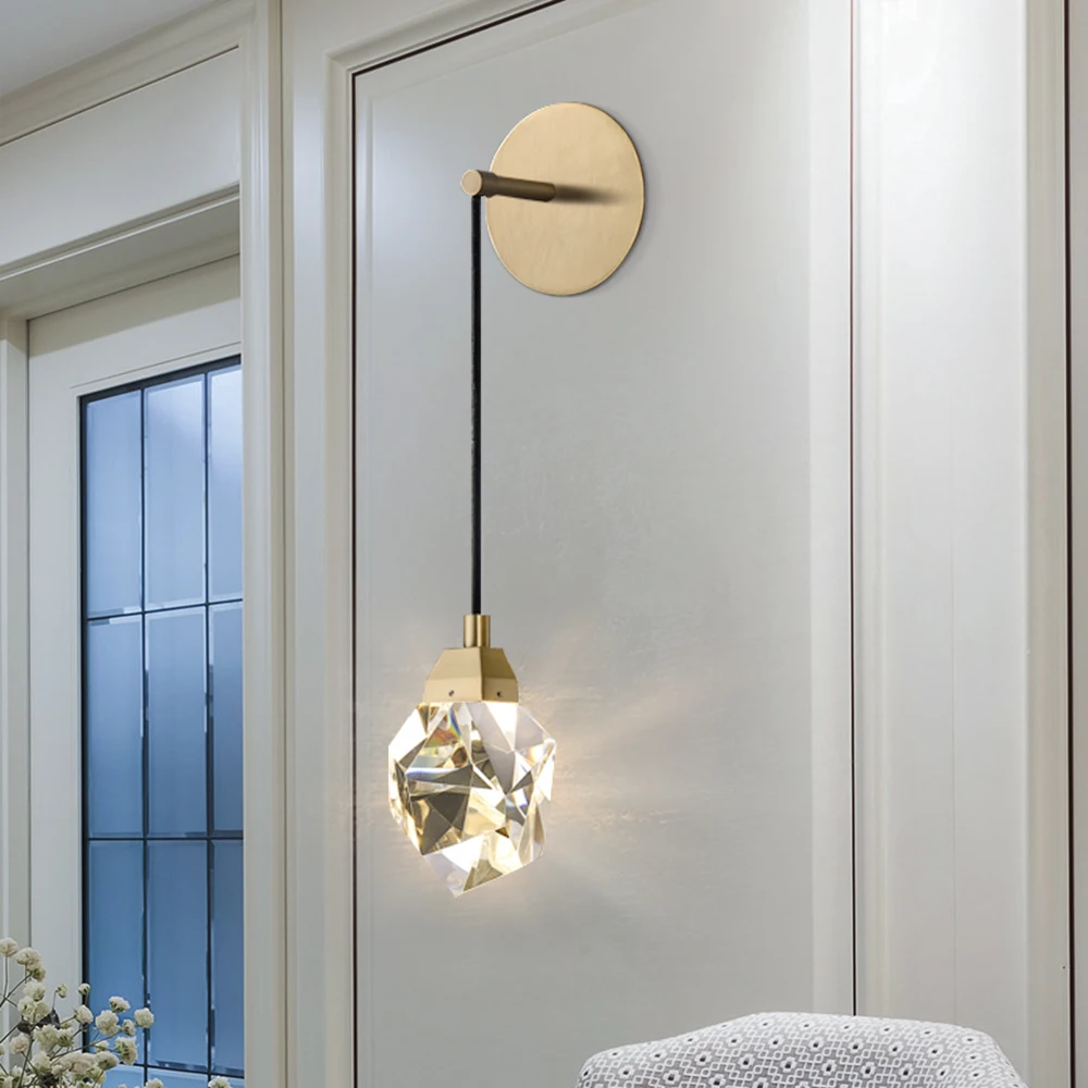 Modern minimalist crystal wall lamp living room bedroom bedsize diamond design crystal copper wall light sconces