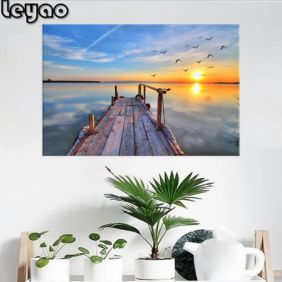 5D Seaside Pier Plank Road Diamond Painting Full Square Sunrise Sunset Sea Landscape Drill Embroidery Sale Diamond Mosaic Pictur