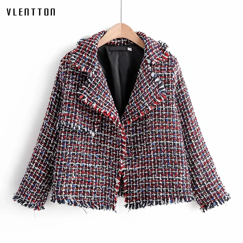 

Autumn Winter Vintage Plaid Tweed Tassel Blazer Women Korean Short Jacket Coat Female Outwear Elegant Office Blazers Feminino