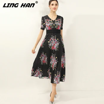 

LINGHAN Designer Women Spring Summer 2020 Floral Print Short Sleeve Luxury Sequin Dress Dresses