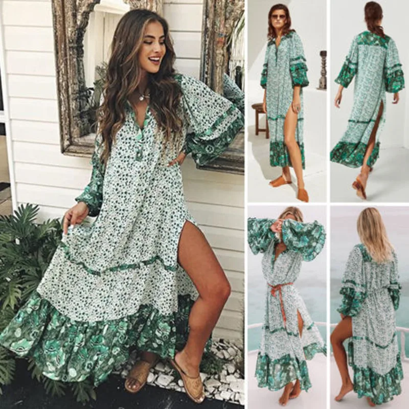 

New Fashion Summer Womens Floral Boho Long Dress Evening Party V Neck Maxi Dress Plus Size