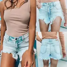 Shorts denim decorado com borlas lavadas, sexy, músculos dos glúteo, verão, novo, 2021