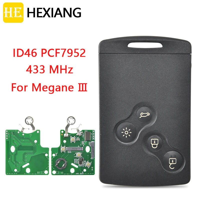 HEXIANG For Car Remote Key Renault Megane3 Scenic Laguna Koleos Clio Fluence With ID46 PCF7952Chip 433MHz VA2/NSN14Blade 3 button smart card for renault megane 2 3 koleos scenic card case car key fob shell with emergency key