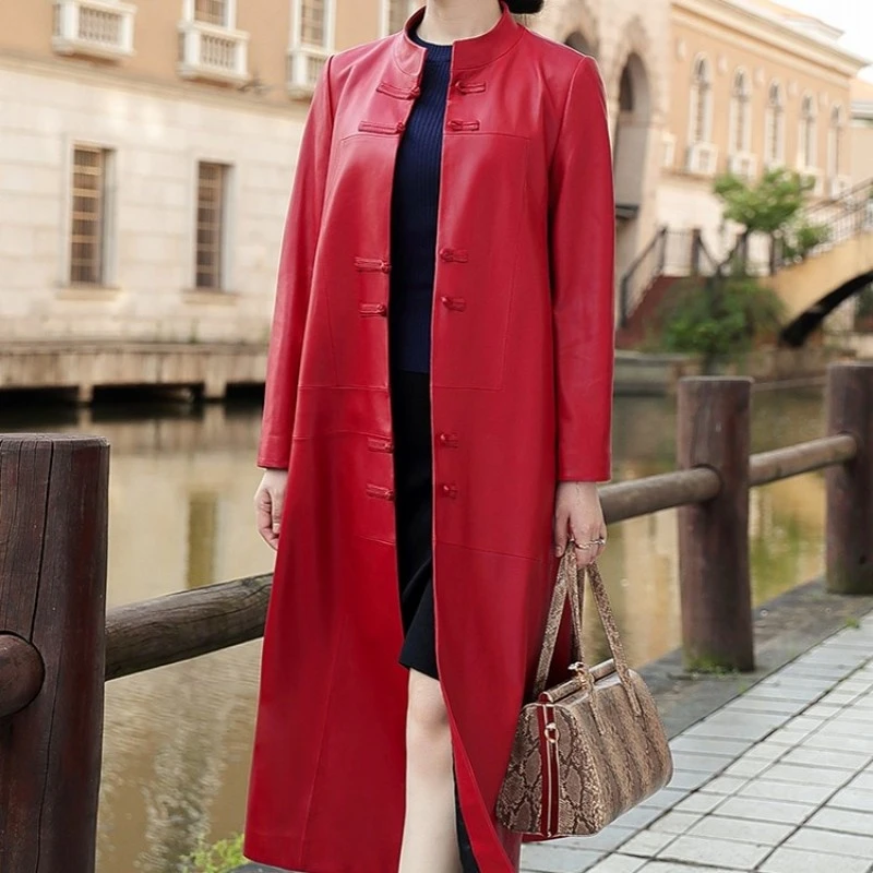 Gabardina de piel de oveja para mujer, abrigo rojo elegante de cuero Natural, estilo chino, ajustado, la moda, Otoño de cuero| - AliExpress