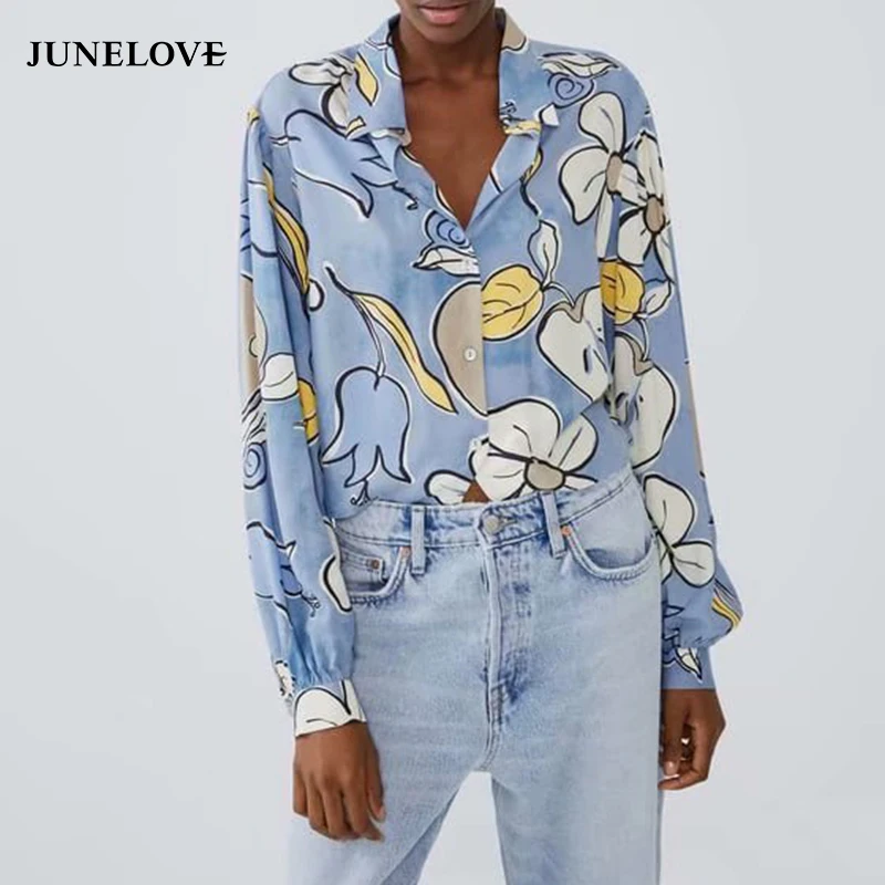 Женская блузка с длинным рукавом JuneLove свободная винтажным цветочным принтом