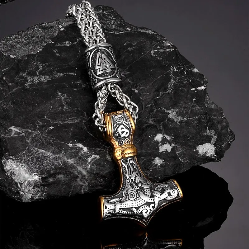 MKENjazz-Collier pendentif amulette Rune scandinave pour homme, acier inoxydable, Vibasin nordique, marteau de Thor, Mjolnir, cadeau punk JOA