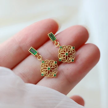

Peri'sBox 925 Sterling Silver Baroque Flora Gold Earrings Green CZ Stone Geometric Earrings for Women Vintage Drop Earrings 2019