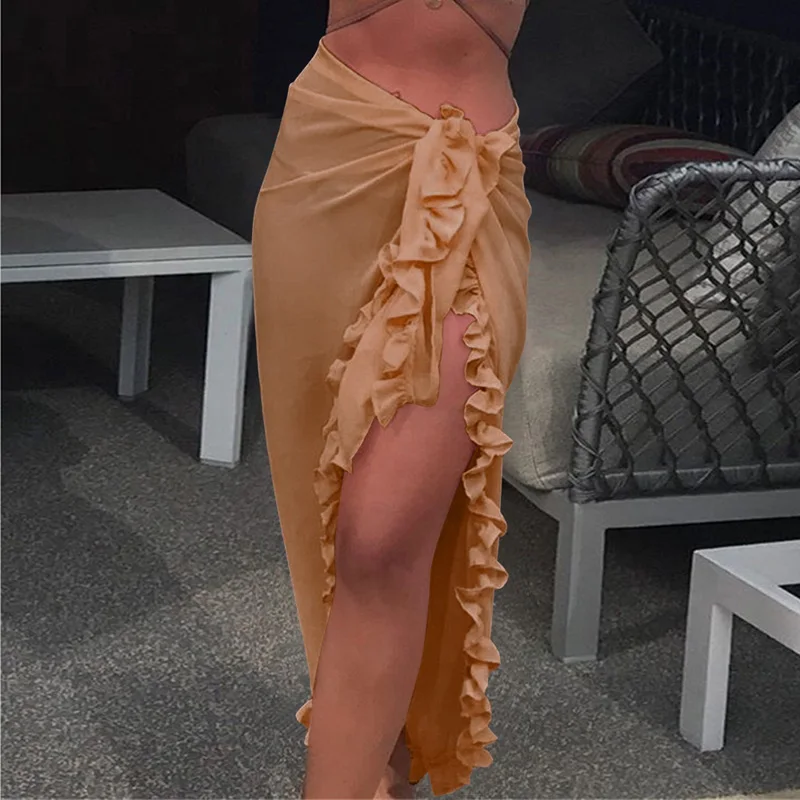 

Women Thin Beach Skirt New Ruffles Sarong Bikini Cover Up Chiffon Wrap Mesh Skirts Solid Color Sexy Summer Beach Bathing Suit