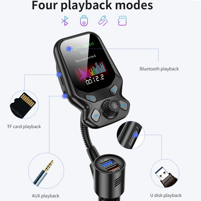 Быстрое Автомобильное зарядное устройство bluetooth 5,0 автомобильное аудио AUX MP3 плеер Смарт двойной USB расширение беспроводной с HD красочный экран T819