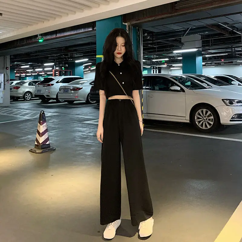 Summer Harajuku High Waist Wide Leg Trouser Suits Retro Women's Korean Street Solid Black Baggy Short Sleeve Blouses Loose Pants
