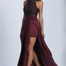 Темно-красные атласные длинные топы с вырезом лодочкой трапециевидной формы Выпускные платья Черное кружево, аппликация Кепки рукава официальная Вечеринка Одежда вечерние платья