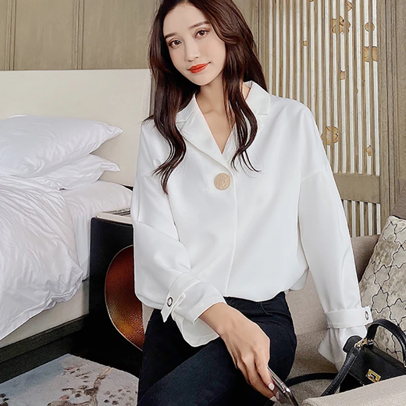 

Notched White Shirt Button Chiffon Blouse Women Clothes 2020 Summer Casual Spring New Long Sleeve Womens Tops Chemisier Femme