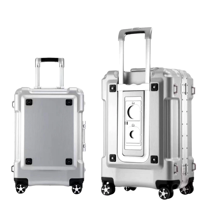 New Aluminum frame trolley luggage spinner travel suitcase box TSA luggage universal wheel men women boarding rolling luggage - Цвет: Silver