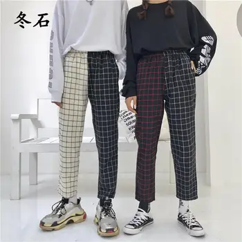 

Fashion Vintage Plaid Patchwork Pants Harajuku Woman Man Trousers Elastics High Waist Pants Korean Causal Straight Pants