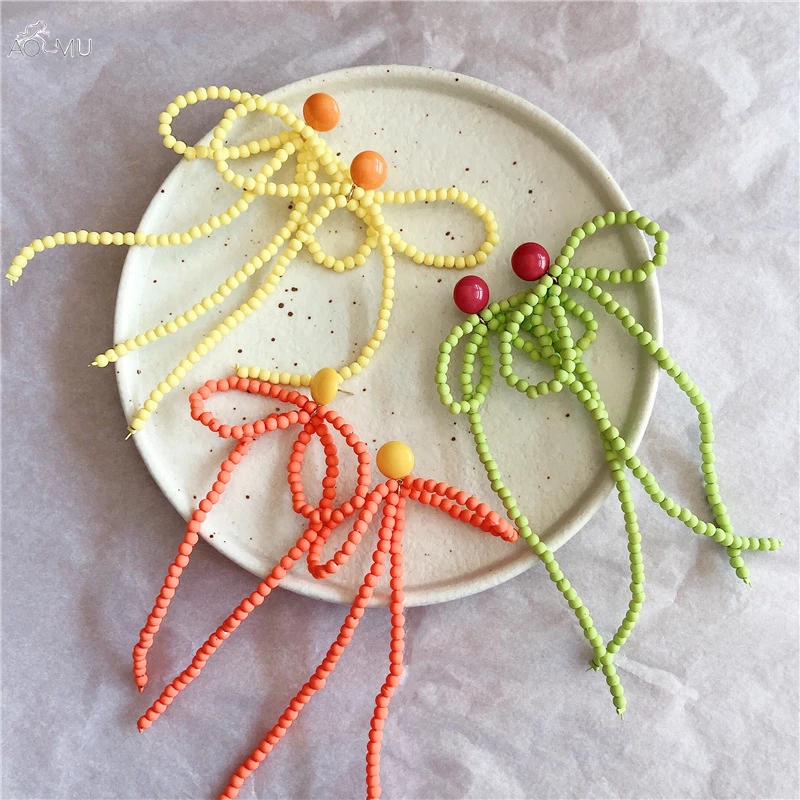 

New Candy Color Beads Bowknot Shaped Drop Earrings For Women Girls Accessories Exaggeration Fluorescent Color Earrings Jewelry