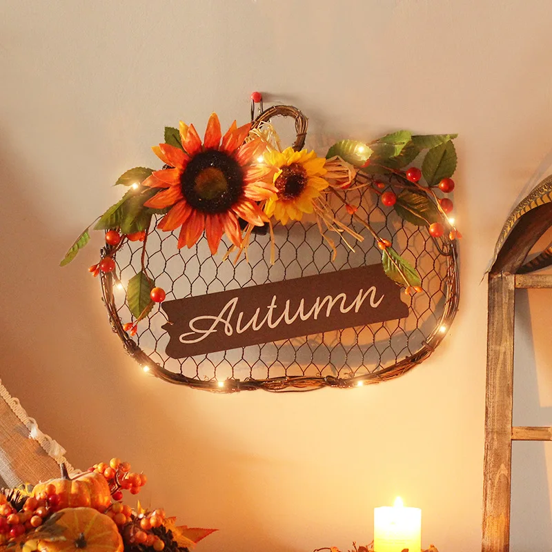 

✅LED Autumn Pumpkin Sunflower With light Wooden Sign Simulation Garland Pendant Harvest Day Halloween Home Door Hanging Decor