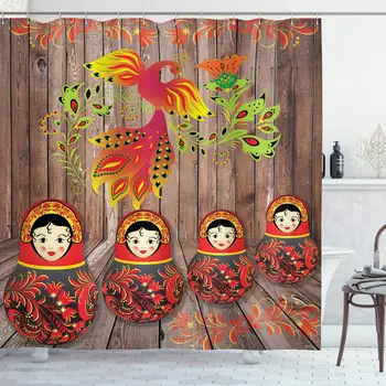 

Ethnic Shower Curtain, Folkloric Image with Traditional Russian Dols and Floral Bird Ornament on Wooden, Cloth Fabric Bathroom